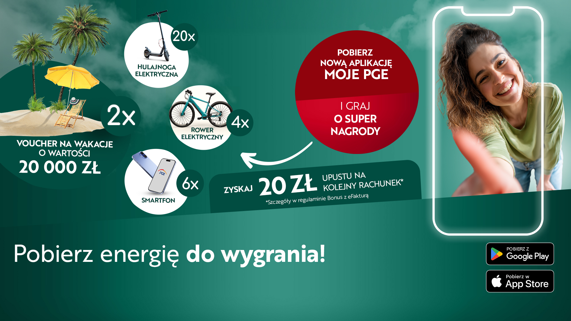 Baner konkursowy Moje PGE przedstawiający uśmiechniętą kobietę widzianą z perspektywy ekranu telefonu. W tle nagrody do wygrania.