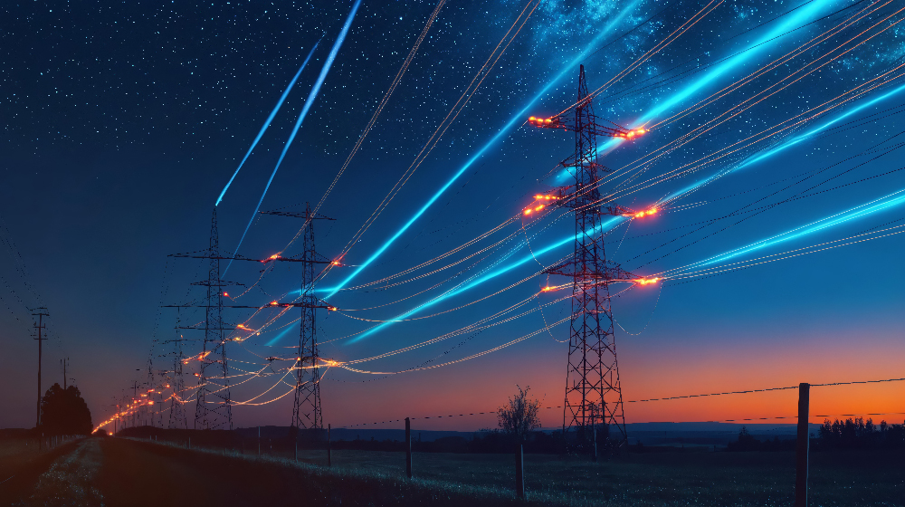 Słupy energetyczne z wizualizacją przepływającego prądu. W oddali łuna zachodzącego słońca.