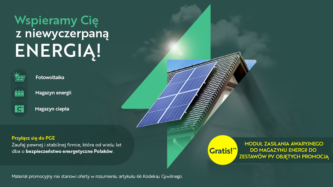 Grafika informująca o promocji moduł zasilania awaryjnego. Wycinek dachu z panelami PV na zielonym tle.