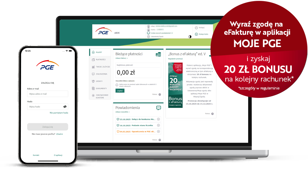 Zrzut elektronicznego biura obsługi klienta na ekranie laptopa i smartfona. Bonus z eFakturą.