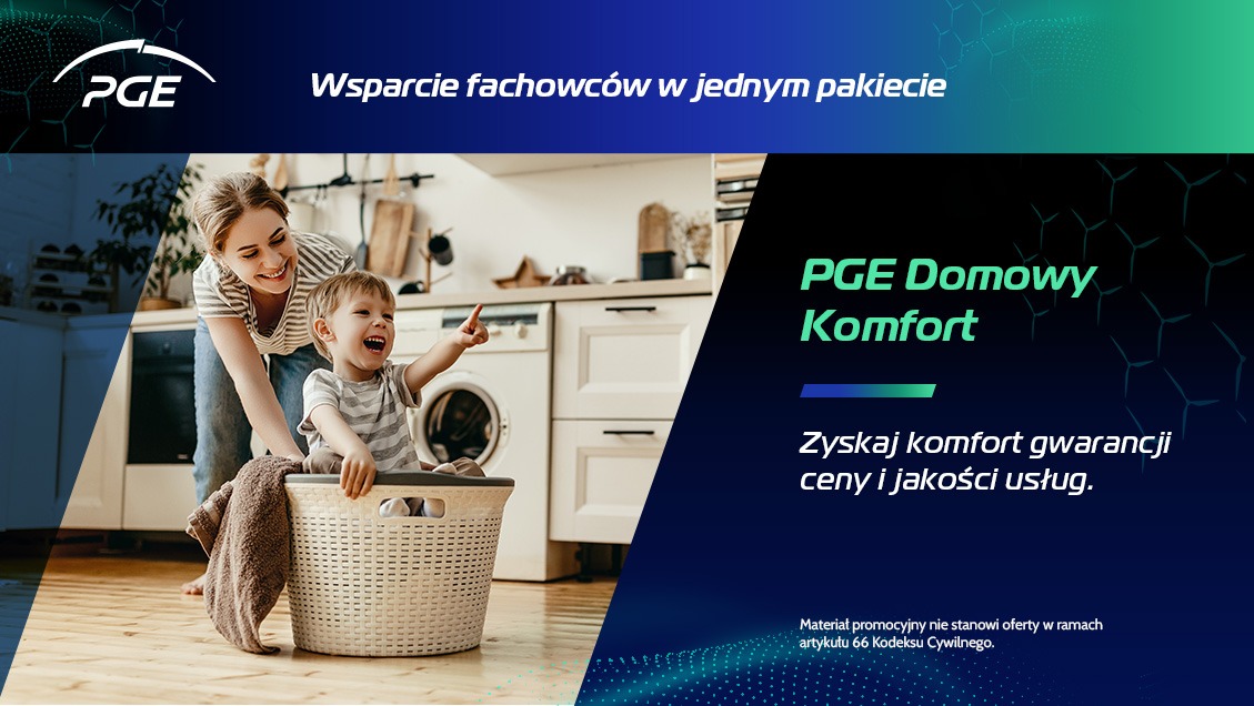 Baner "PGE Domowy Komfort". Uśmiechnięta mama razem z dzieckiem w kuchni.