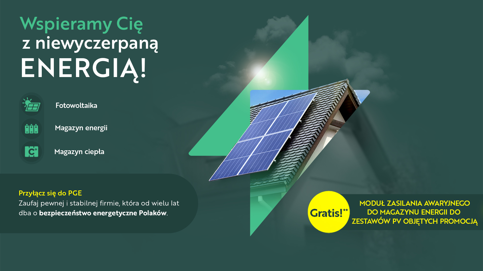 Grafika informująca o promocji moduł zasilania awaryjnego. Wycinek dachu z panelami PV na zielonym tle.