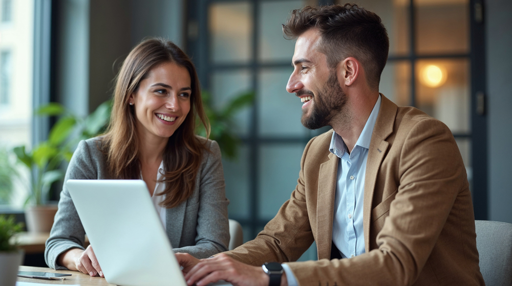 Uśmiechnięta siedząca para w biurze