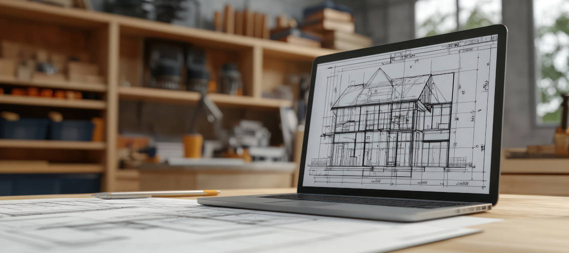 Biuro projektowe, gdzie na biurku leży laptop oraz projekt architektoniczny.