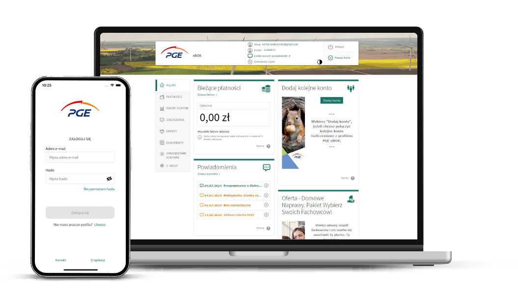 Zrzut elektronicznego biura obsługi klienta na ekranie laptopa i ekran logowania w aplikacji Moje PGE na smartfonie.