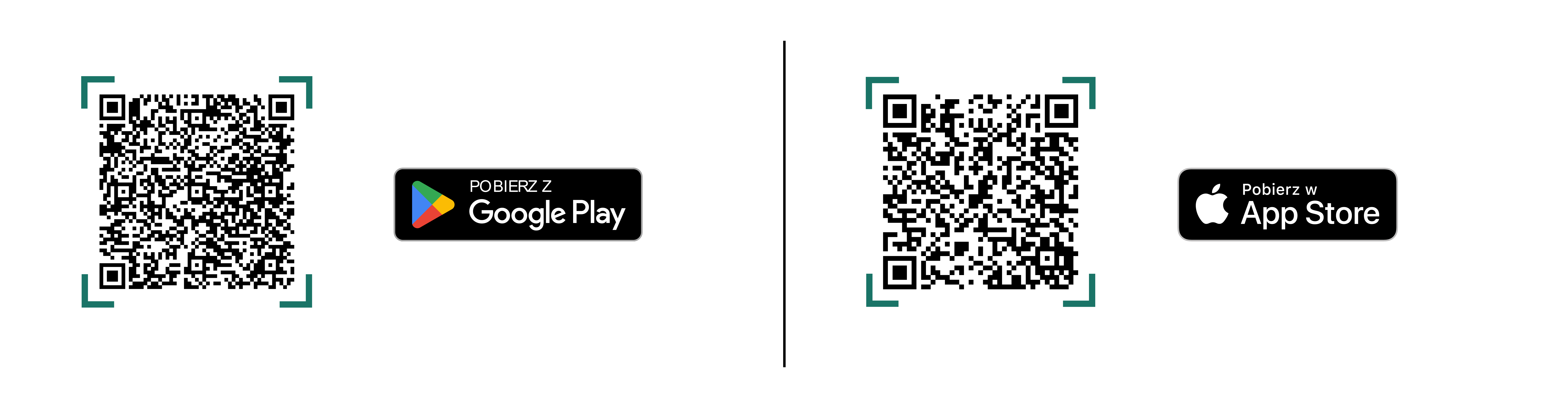Kody QR z linkami do sklepu z aplikacjami oraz ich logotypy Google Play oraz App Store