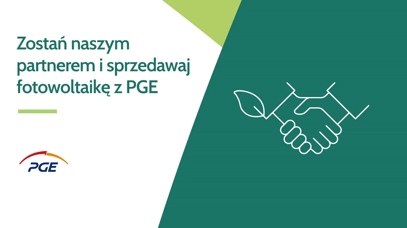 Grafika z napisem "Zostań naszym partnerem i sprzedawaj fotowoltaikę z PGE".