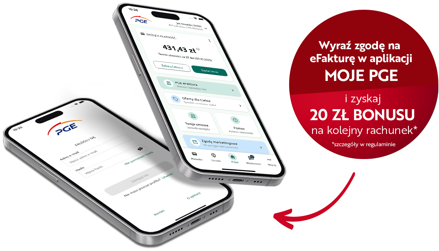Aplikacja Moje PGE zaprezentowana na ekranie smartfonów. Informacja o Bonusie z eFakturą.