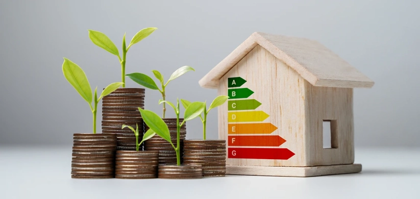 Jak zużywać mniej energii, zielone rośliny na monetach oraz dom z etykietą energetyczną od A, B, C, D, E, F do G.
