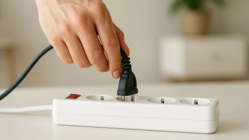 Zbliżenie na dłoń, która wpina kabel zasilający do przedłużacza.