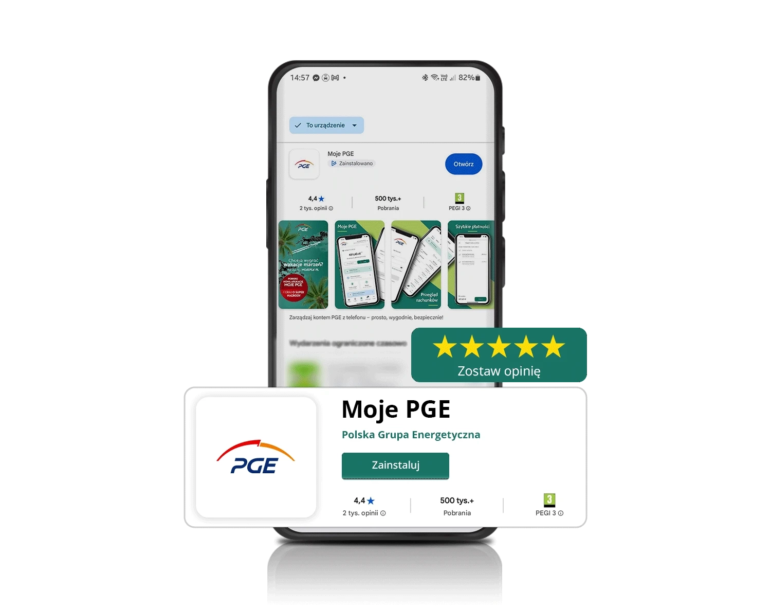 Kafel aplikacja Moje PGE ze sklepu Google Play na tle telefonu.
