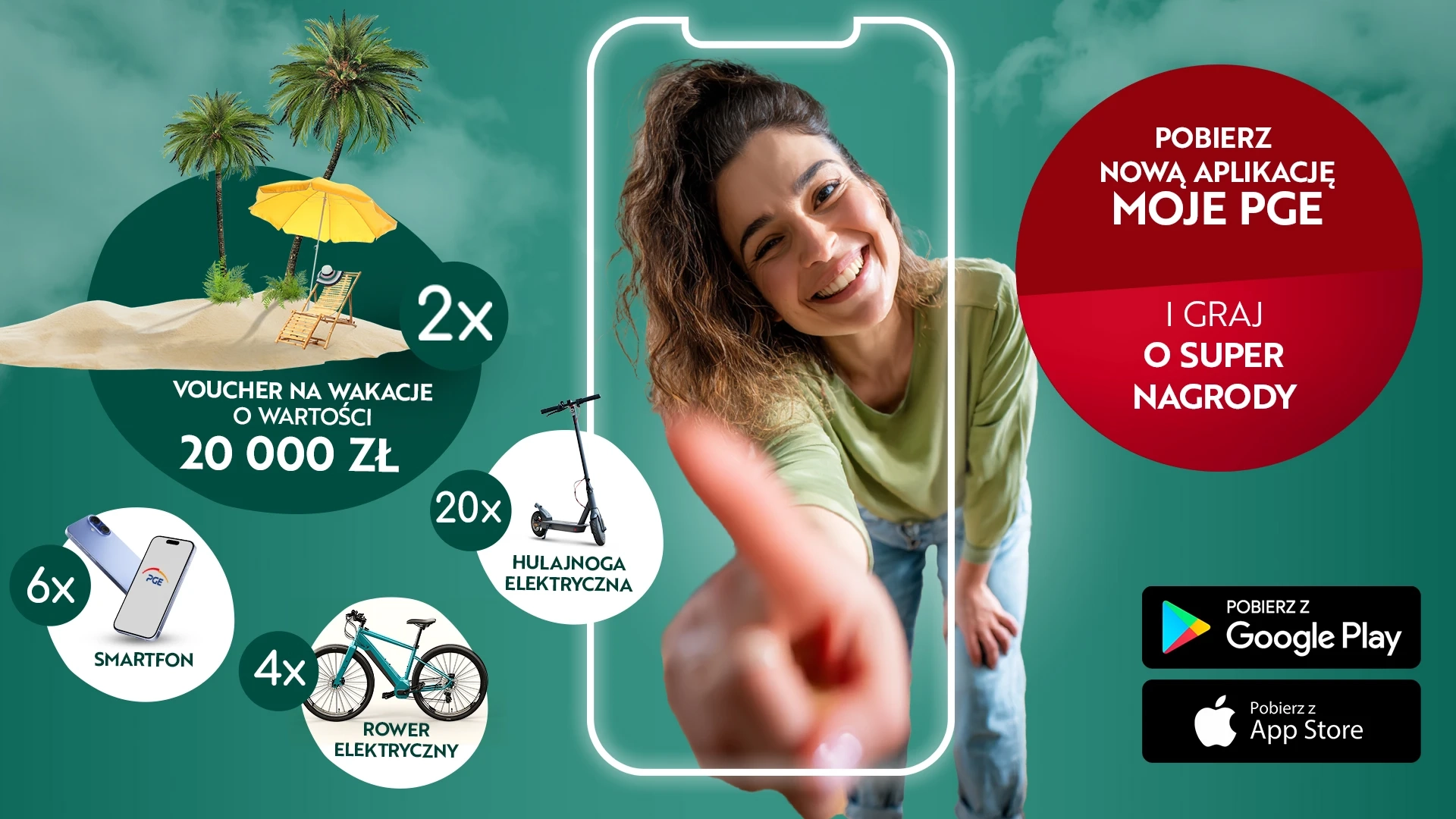 Baner konkursowy Moje PGE przedstawiający uśmiechniętą kobietę widzianą z perspektywy ekranu telefonu. W tle nagrody do wygrania.