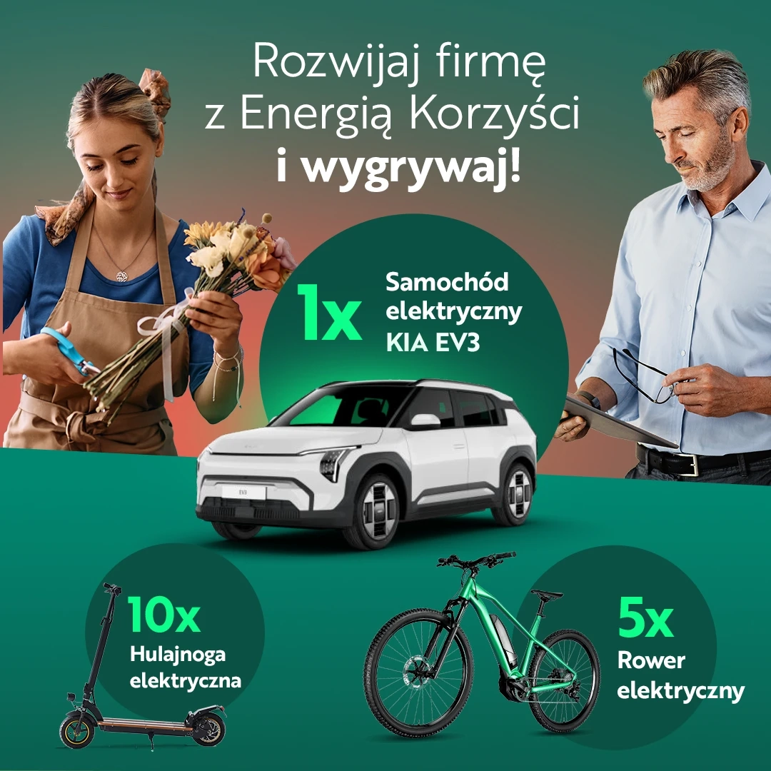 Nagrody do wygrania w konkursie "Rozwijaj firmę z Energią Korzyści i wygrywaj". W tle kobieta przycinająca kwiaty oraz mężczyzna patrzący na tablet.
