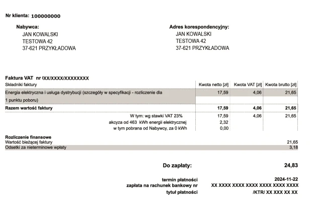 Wycinek faktury za prąd od PGE