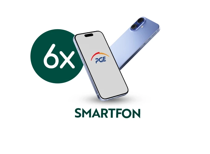 Nagroda: 6 x smartfony. Logo PGE wyświetlane na ekranie.