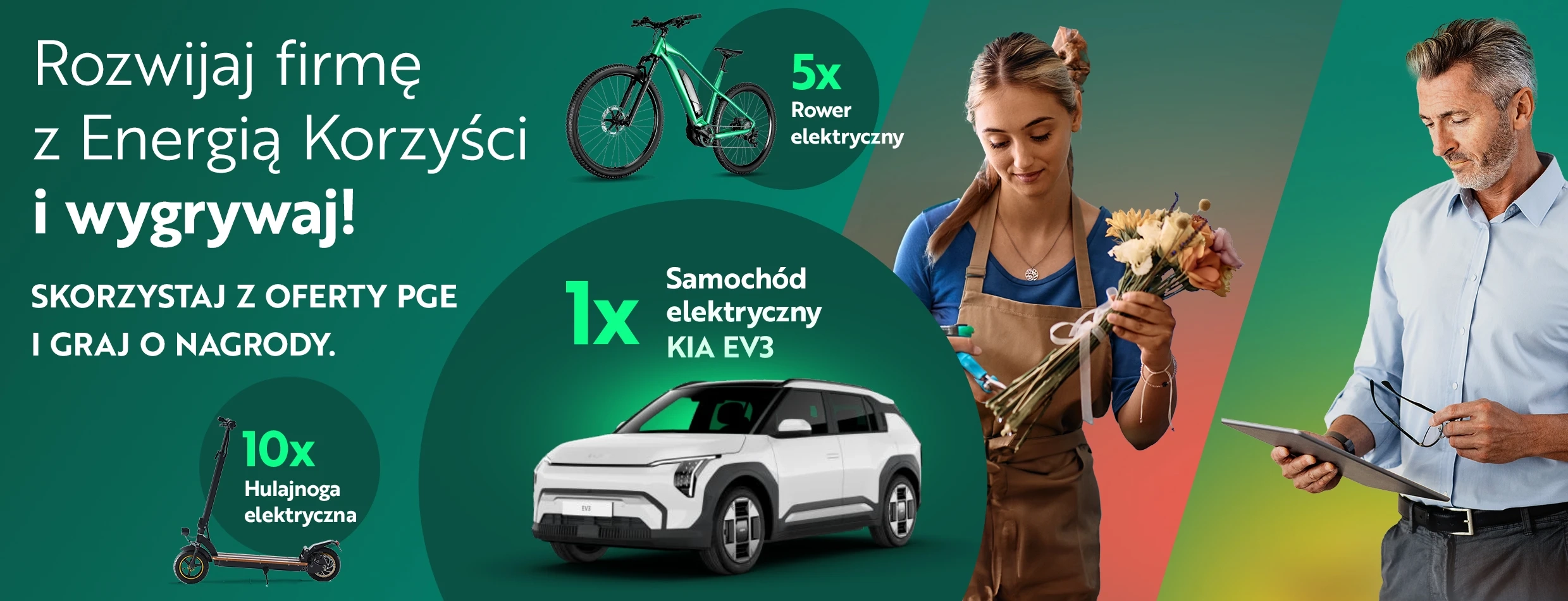 Nagrody do wygrania w konkursie "Rozwijaj firmę z Energią Korzyści i wygrywaj". W tle kobieta przycinająca kwiaty oraz mężczyzna patrzący na tablet.