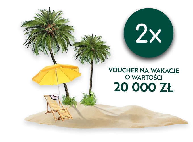 Voucher na wakacje. Palmy, żółty parasol na piasku.
