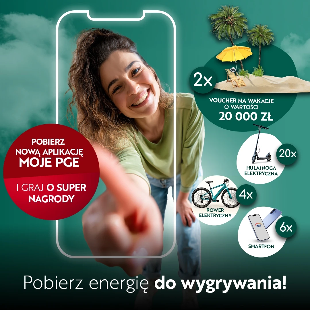 Baner konkursowy Moje PGE przedstawiający uśmiechniętą kobietę widzianą z perspektywy ekranu telefonu. W tle nagrody do wygrania.