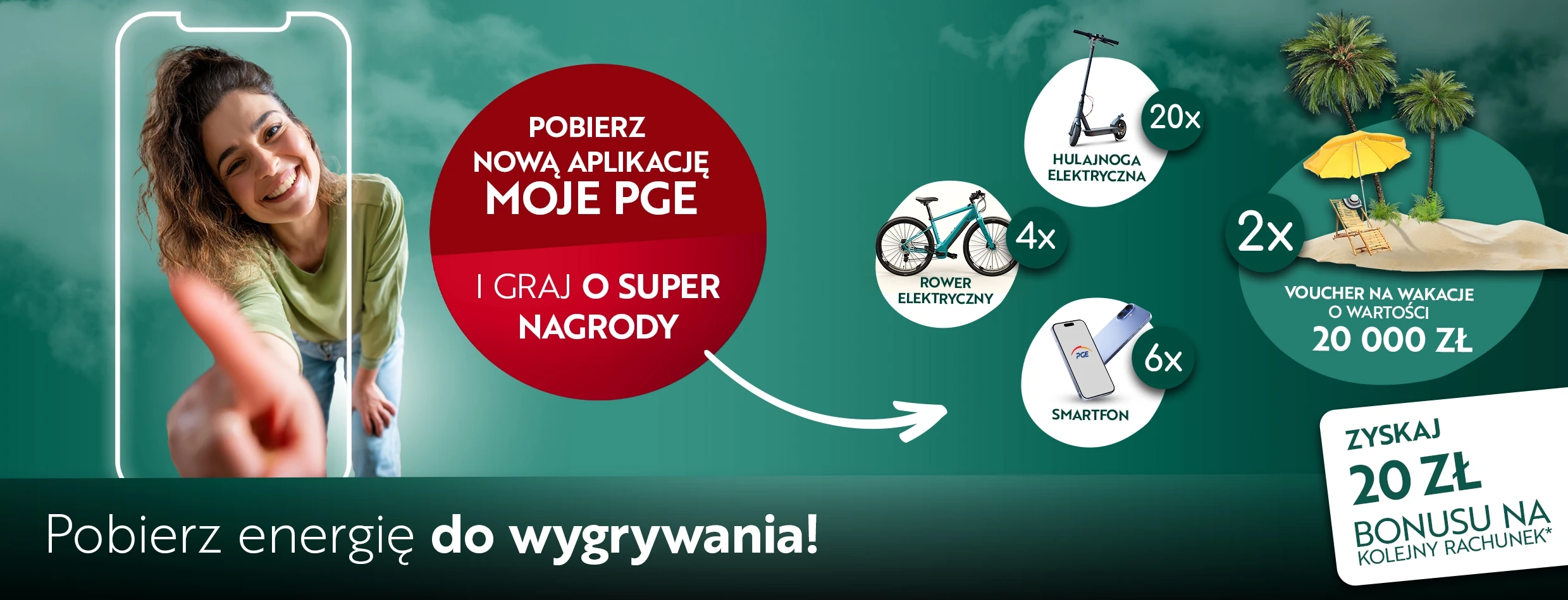 Baner konkursowy Moje PGE przedstawiający uśmiechniętą kobietę widzianą z perspektywy ekranu telefonu. W tle nagrody do wygrania.