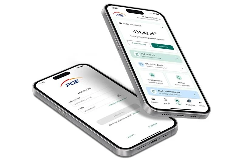 Widok logowania oraz widok główny aplikacji Moje PGE zaprezentowany na ekranie telefonu.